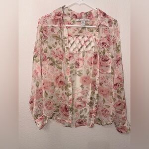 American Rag Sheer Rose Floral Button-Up Blouse in Pink and Green Size S